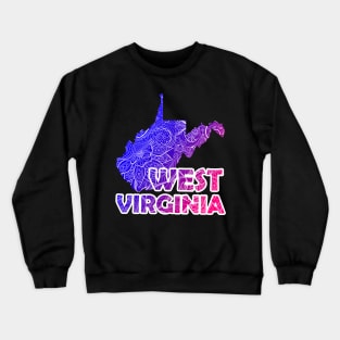 Colorful mandala art map of West Virginia with text in blue and violet Crewneck Sweatshirt